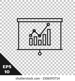 Black line Board with graph chart icon isolated on transparent background. Report text file icon. Accounting sign. Audit, analysis, planning.  Vector Illustration