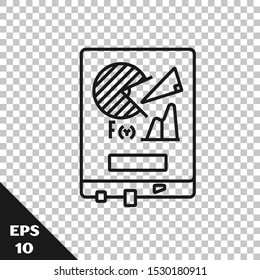 Black line Board with graph chart icon isolated on transparent background. Report text file icon. Accounting sign. Audit, analysis, planning.  Vector Illustration