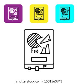 Black line Board with graph chart icon isolated on white background. Report text file icon. Accounting sign. Audit, analysis, planning. Set icons colorful square buttons. Vector Illustration