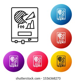Black line Board with graph chart icon isolated on white background. Report text file icon. Accounting sign. Audit, analysis, planning. Set icons colorful circle buttons. Vector Illustration