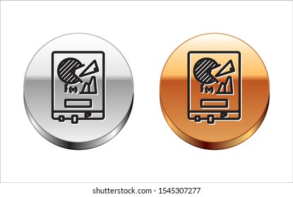 Black line Board with graph chart icon isolated on white background. Report text file icon. Accounting sign. Audit, analysis, planning. Silver-gold circle button. Vector Illustration