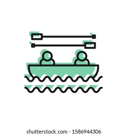 Black line Boat with oars and people icon isolated on white background. Water sports, extreme sports, holiday, vacation, team building.  Vector Illustration