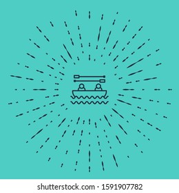 Black line Boat with oars and people icon isolated on green background. Water sports, extreme sports, holiday, vacation, team building. Abstract circle random dots. Vector Illustration