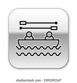 Black line Boat with oars and people icon isolated on white background. Water sports, extreme sports, holiday, vacation, team building. Silver square button. Vector Illustration