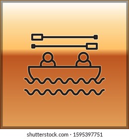 Black line Boat with oars and people icon isolated on gold background. Water sports, extreme sports, holiday, vacation, team building.  Vector Illustration