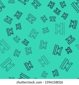 Black line Boat with oars and people icon isolated seamless pattern on green background. Water sports, extreme sports, holiday, vacation, team building.  Vector Illustration