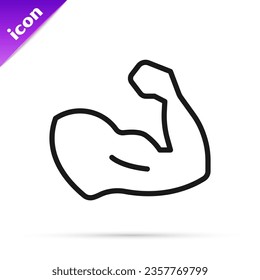 Black line Bodybuilder showing his muscles icon isolated on white background. Fit fitness strength health hobby concept.  Vector