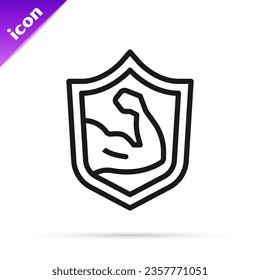 Black line Bodybuilder showing his muscles icon isolated on white background. Fit fitness strength health hobby concept.  Vector