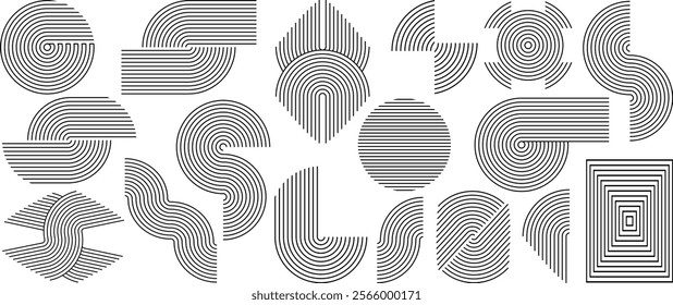 Black line boho style arch. Line geometric arch Linear boho style waves, arch and shapes set. Boho style geometric shape set. Decorative line elements, zen pattern minimal elements for graphic design.