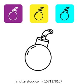 Black line Bomb ready to explode icon isolated on white background. Happy Halloween party. Set icons colorful square buttons. Vector Illustration