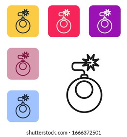 Black line Bomb ready to explode icon isolated on white background. Set icons in color square buttons. Vector Illustration
