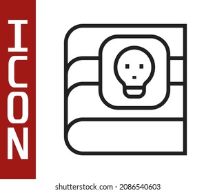 Black line Book about poisons with skull icon isolated on white background. Danger sign, symbol of death.  Vector