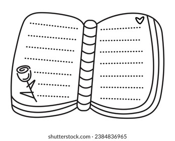 Black line book doodle, romantic monochrome notepad pictogram, cute vector illustration of a notebook