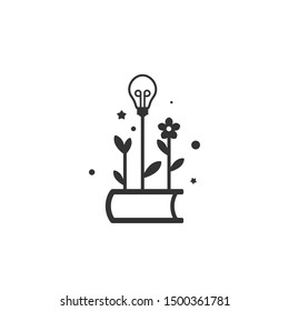 Black line book with sprigs or sprouts, flower and bulb.  Flat icon isolated on white background. Vector illustration. Idea, study, school, inspiration concept. Power of knowledge and education.