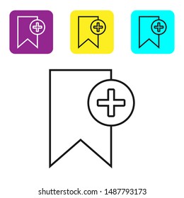 Black line Bookmark icon isolated on white background. Add to concept. Set icons colorful square buttons. Vector Illustration