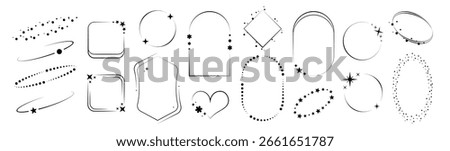 Black line border frames with stars, hearts and celestial orbits - minimalist aura designs in oval, rectangular and diamond shapes. Blurred sparkle elements, geometric outlines for mystical graphics.