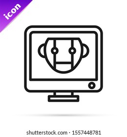 Black line Bot icon isolated on white background. Computer monitor and robot icon.  Vector Illustration