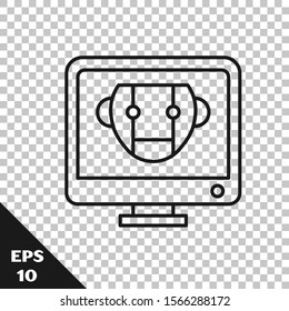 Black line Bot icon isolated on transparent background. Computer monitor and robot icon.  Vector Illustration