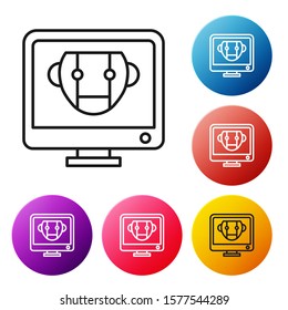 Black line Bot icon isolated on white background. Computer monitor and robot icon. Set icons colorful circle buttons. Vector Illustration