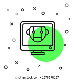 Black line Bot icon isolated on white background. Computer monitor and robot icon.  Vector Illustration