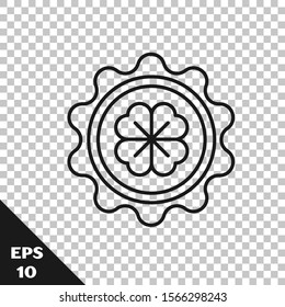 Black line Bottle cap with four leaf clover icon isolated on transparent background. Happy Saint Patricks day.  Vector Illustration