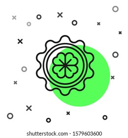 Black line Bottle cap with four leaf clover icon isolated on white background. Happy Saint Patricks day.  Vector Illustration