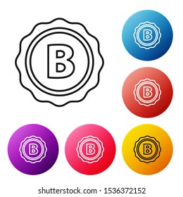 Black line Bottle cap with inscription beer icon isolated on white background. Set icons colorful circle buttons. Vector Illustration