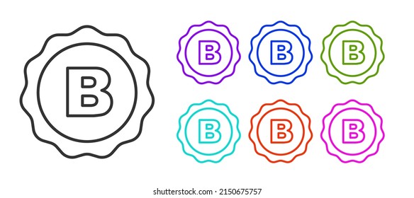 Black line Bottle cap with inscription beer icon isolated on white background. Set icons colorful. Vector