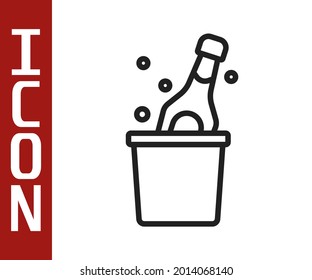 Black line Bottle of champagne in an ice bucket icon isolated on white background.  Vector
