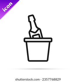 Black line Bottle of champagne in an ice bucket icon isolated on white background.  Vector