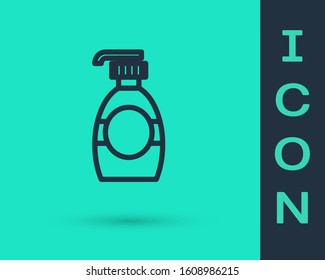 Black line Bottle of liquid antibacterial soap with dispenser icon isolated on green background. Disinfection, hygiene, skin care concept.  Vector Illustration