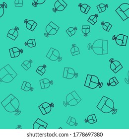 Black line Bottle of liquid antibacterial soap with dispenser icon isolated seamless pattern on green background. Disinfection, hygiene, skin care. Vector Illustration