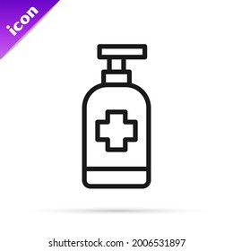 Black line Bottle of liquid antibacterial soap with dispenser icon isolated on white background. Antiseptic. Disinfection, hygiene, skin care.  Vector