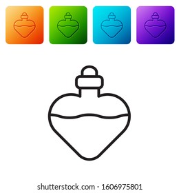 Black line Bottle with love potion icon isolated on white background. Valentines day symbol. Set icons in color square buttons. Vector Illustration