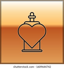 Black line Bottle with love potion icon isolated on gold background. Valentines day symbol.  Vector Illustration