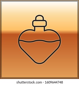 Black line Bottle with love potion icon isolated on gold background. Valentines day symbol.  Vector Illustration