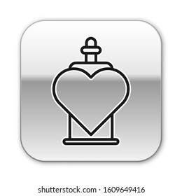 Black line Bottle with love potion icon isolated on white background. Valentines day symbol. Silver square button. Vector Illustration
