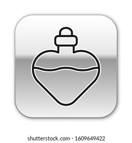 Black line Bottle with love potion icon isolated on white background. Valentines day symbol. Silver square button. Vector Illustration