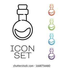 Black line Bottle with love potion icon isolated on white background. Valentines day symbol. Set icons colorful. Vector Illustration