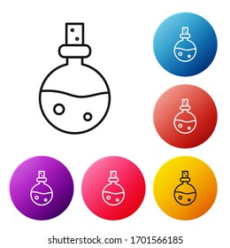 Black line Bottle with love potion icon isolated on white background. Valentines day symbol. Set icons colorful circle buttons. Vector Illustration