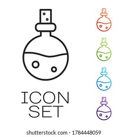 Black line Bottle with love potion icon isolated on white background. Valentines day symbol. Set icons colorful. Vector Illustration