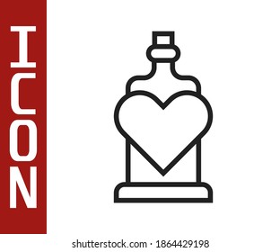 Black line Bottle with love potion icon isolated on white background. Valentines day symbol.  Vector