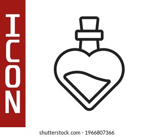 Black line Bottle with love potion icon isolated on white background. Valentines day symbol.  Vector