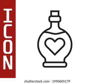 Black line Bottle with love potion icon isolated on white background. Valentines day symbol.  Vector