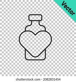Black line Bottle with love potion icon isolated on transparent background. Valentines day symbol.  Vector