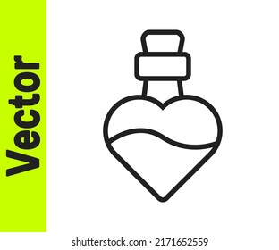 Black line Bottle with love potion icon isolated on white background. Happy Valentines day.  Vector