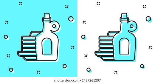 Black line Bottle of maple syrup with stack of pancakes icon isolated on green and white background. Random dynamic shapes. Vector