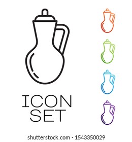 Black line Bottle of olive oil icon isolated on white background. Jug with olive oil icon. Set icons colorful. Vector Illustration