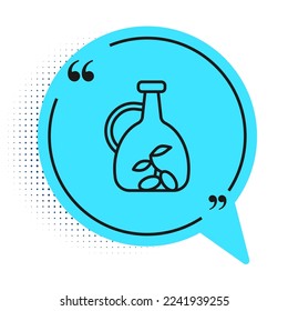 Black line Bottle of olive oil icon isolated on white background. Jug with olive oil icon. Blue speech bubble symbol. Vector