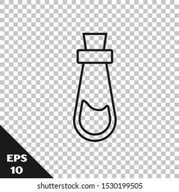 Black line Bottle with potion icon isolated on transparent background. Flask with magic potion. Happy Halloween party.  Vector Illustration